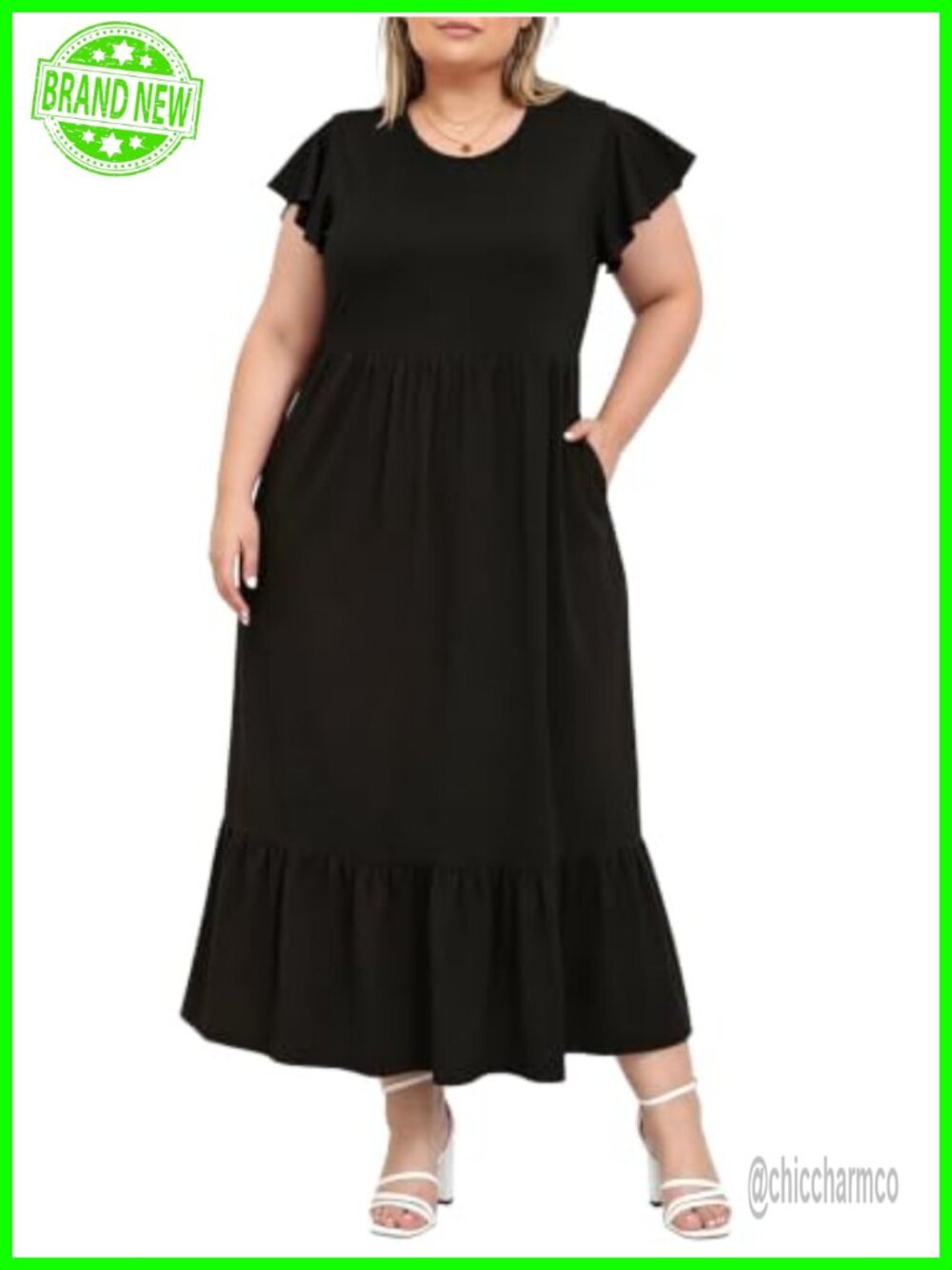 Plus Size Maxi Dress Crew Neck Ruffle Short Sleeve Floral Long Dress with